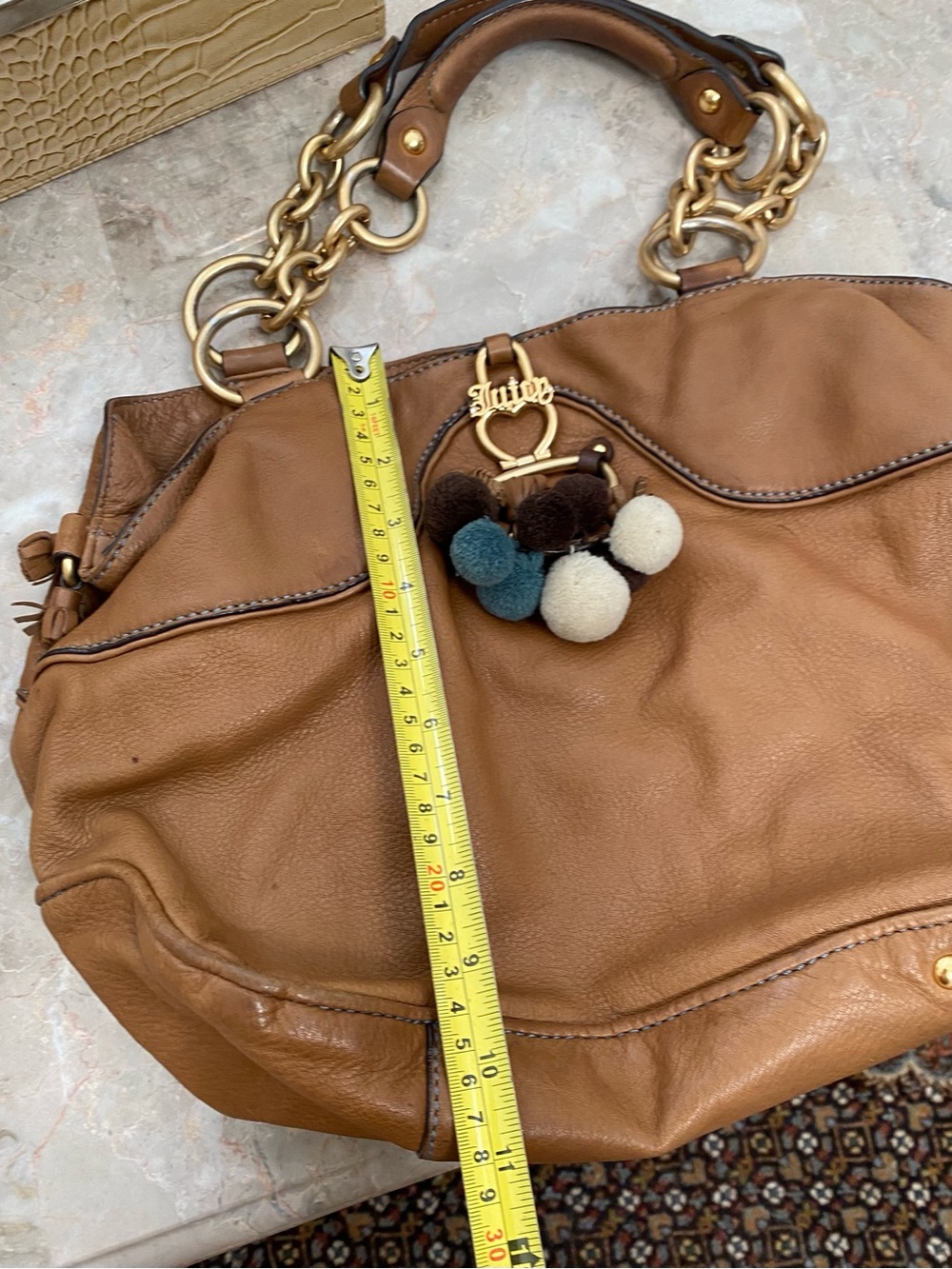 Juicy Couture Brown Leather Shoulder Bag with Pom-Pom Charm - Picture 8 of 8